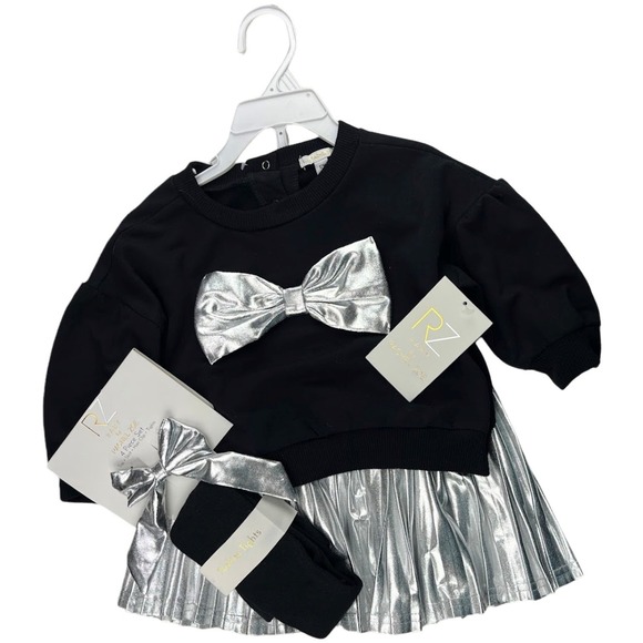 Rachel Zoe Other - Rachel Zoe Baby Girl‎ 12 Mos Black Silver Skirt Outfit Set 4pc Tights Top NWW